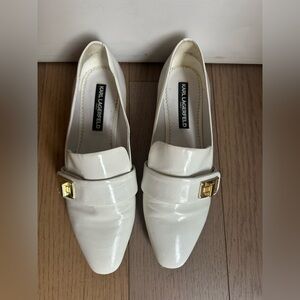 Karl Lagerfeld Paris white patent leather loafers with gold-tone buckle detail
